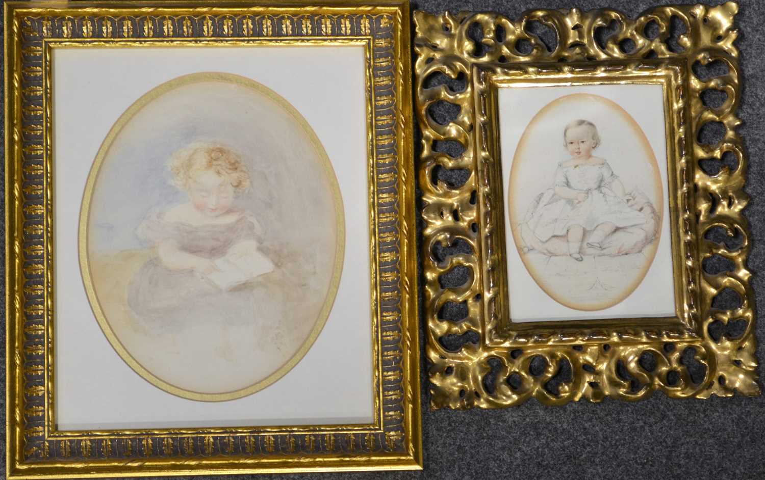 Lot 471 - Victorian School - portrait of a young child on a cushion, and another child study.