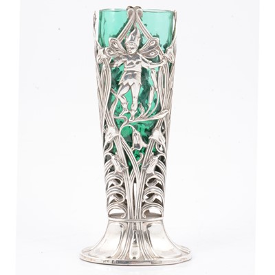 Lot 225 - English Art Nouveau silver and glass spill vase, Levi and Salaman, Birmingham.