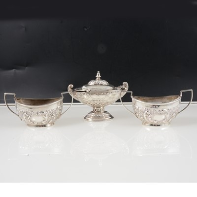 Lot 287 - Pair of silver salts, W G Keight, Birmingham 1899, and a silver pedestal mustard pot.