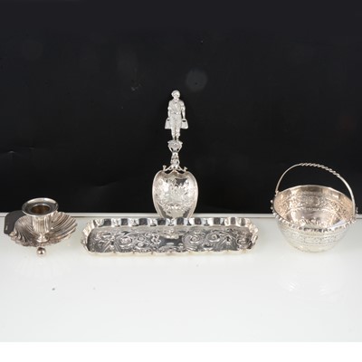 Lot 288 - Silver rectangular dish, bonbon basket, candlestick and spoon.