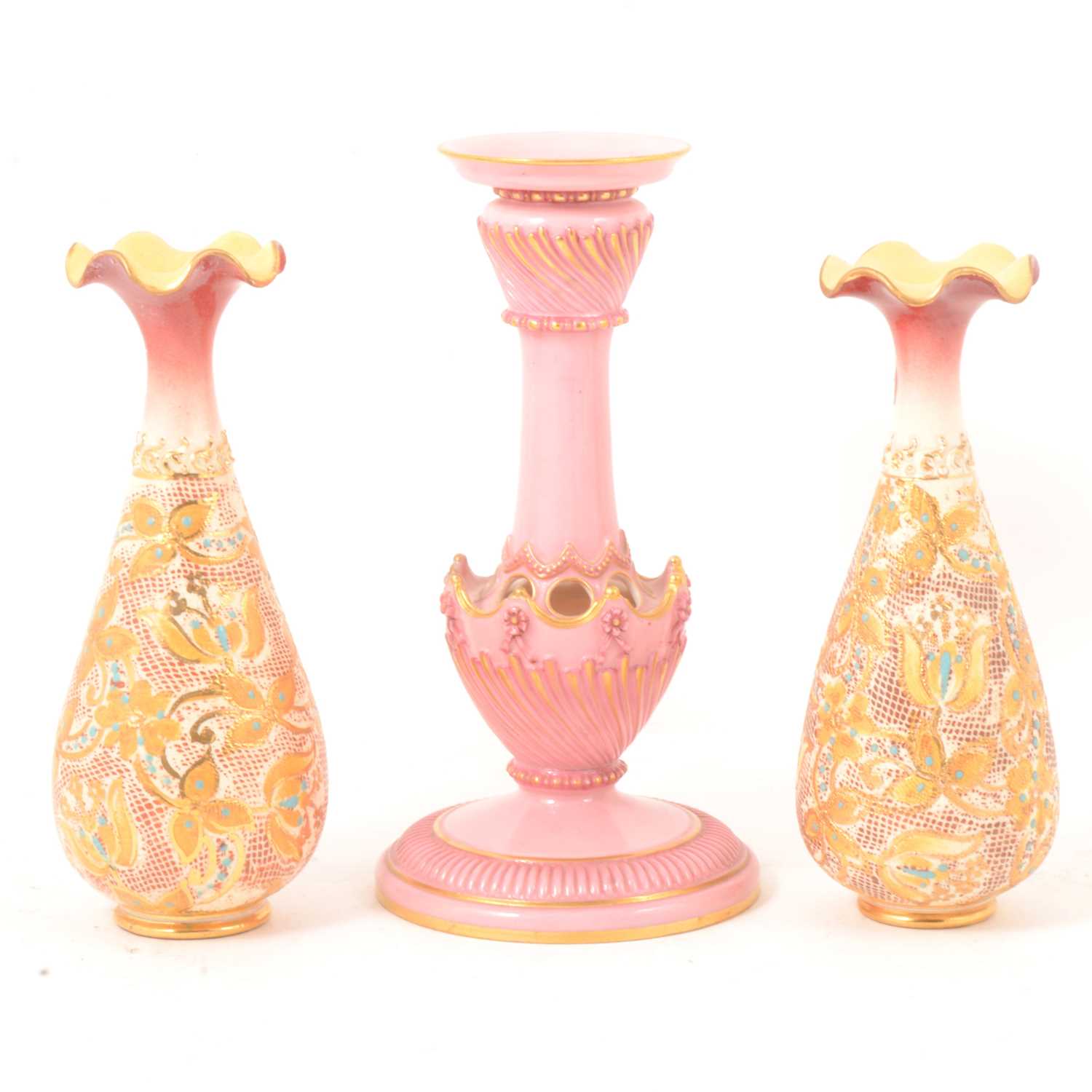 Lot 32 - Royal Worcester candlestick, and pair of Royal Doulton pottery spill vases.