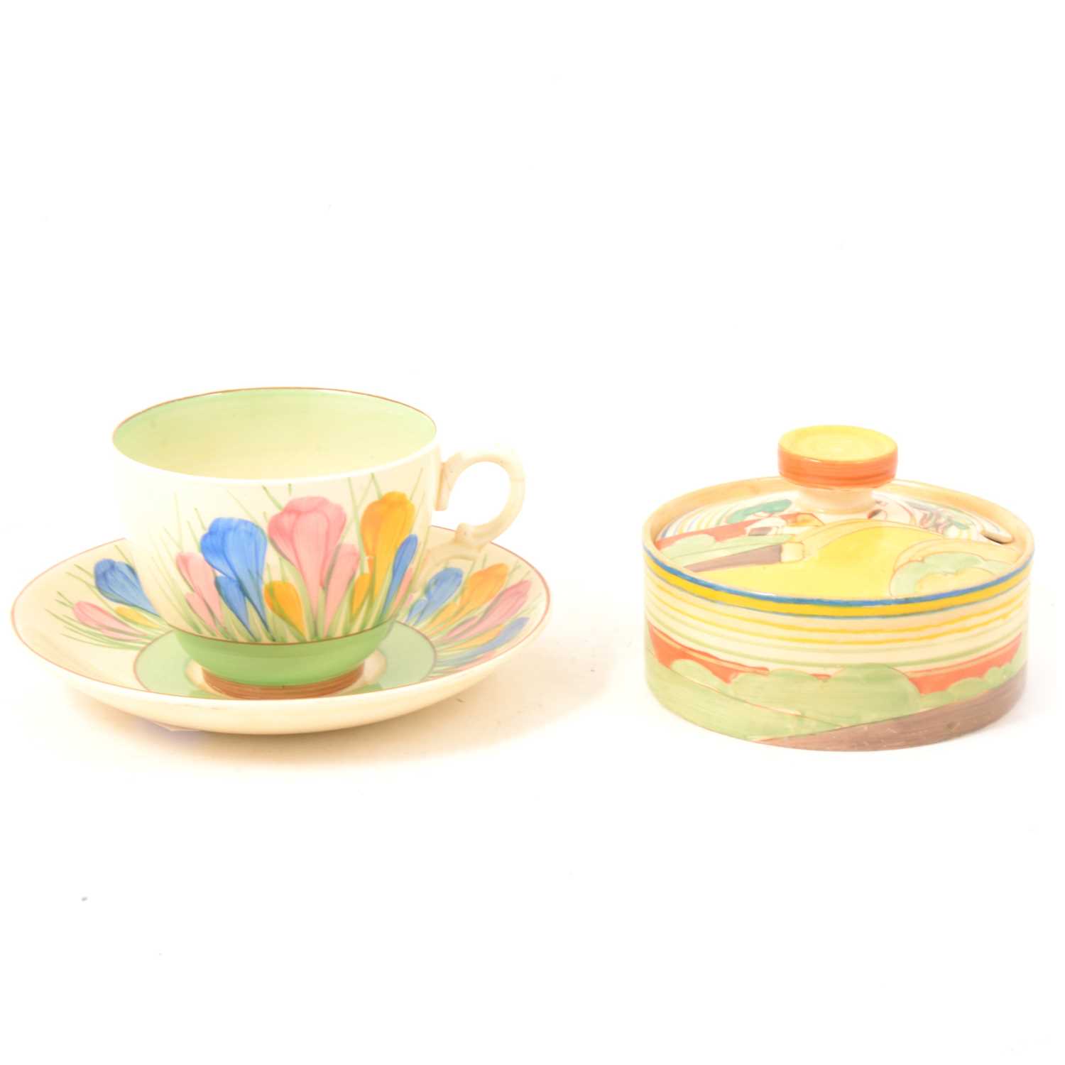 Lot 5 - Clarice Cliff 'Brookfields' jam pot, and 'Spring Crocus' pattern cup and saucer.
