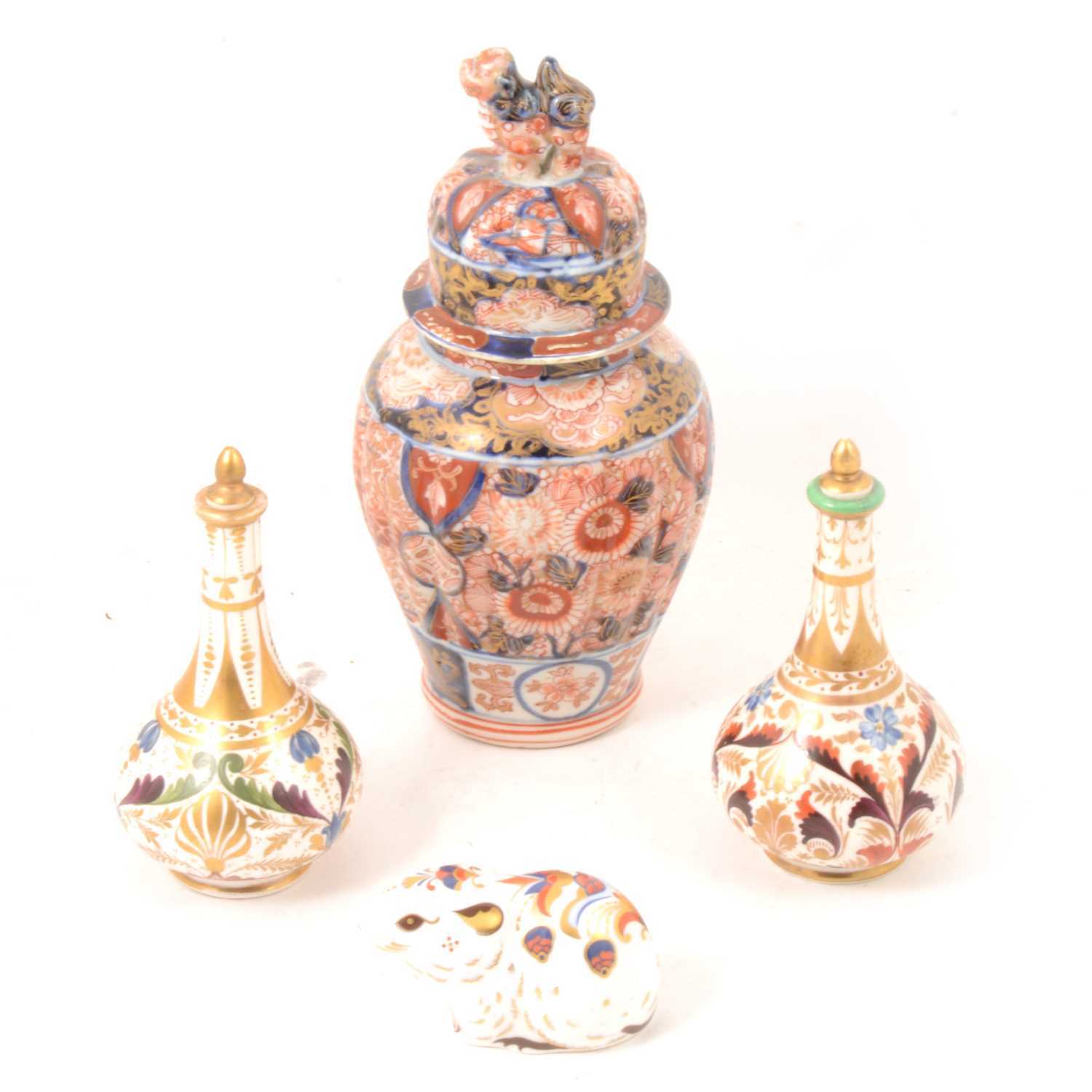 Lot 10 - Pair of Derby scent bottles, Imari vase and Royal Crown Derby paperweight.