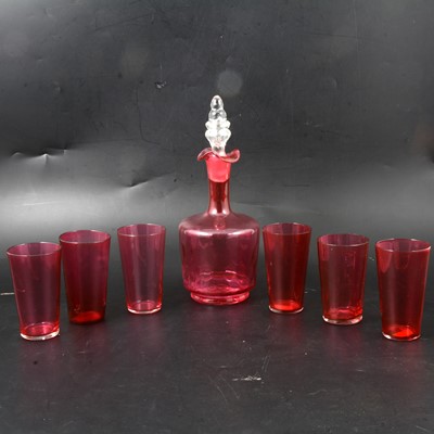 Lot 47 - Cranberry glass decanter and six tumblers.