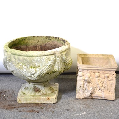 Lot 227 - Small pedestal garden urn, swagged bowl on associated plinth; and a small reconstituted stone square planter.