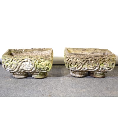 Lot 222 - Pair of reconstituted stone small rectangular garden planters, cherub panels.