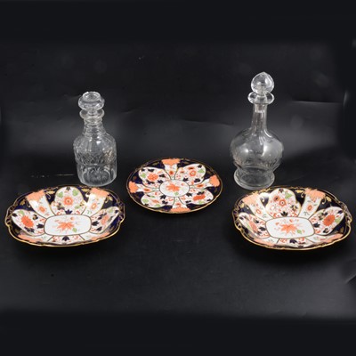 Lot 66 - Royal Crown Derby Imari pattern dishes, plus cut glass decanters.