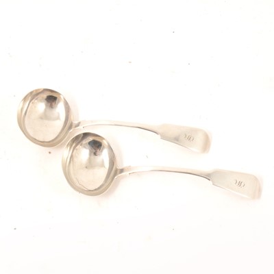 Lot 390 - Pair of silver sauce ladles by John Stone, Exeter 1850, fiddle pattern.