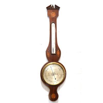 Lot 351 - George III inlaid mahogany banjo-shape wall barometer