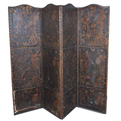 Lot 457 - Spanish leather four-fold screen