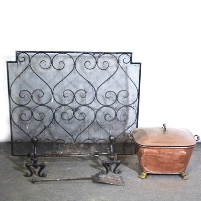 Lot 469 - Copper sarcophagus-shape coal bin and other hearth furniture