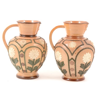 Lot 32 - Pair of Doulton Lambeth Slater's patent Aesthetic style stoneware jugs.