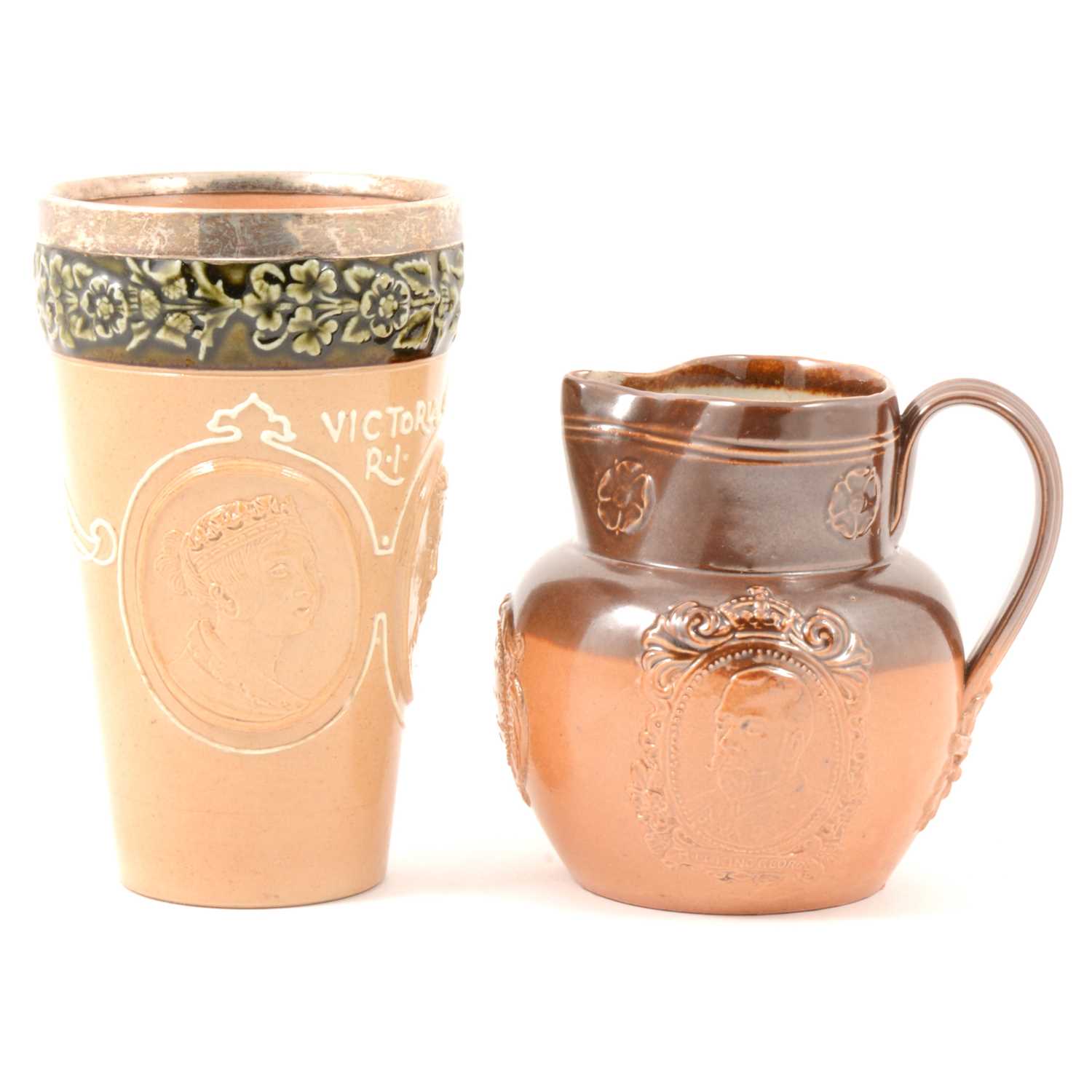 Lot 14 - A Doulton Lambeth stoneware commemorative beaker and Royal Doulton commemorative jug.
