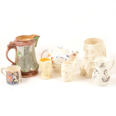Lot 49 - Crown Ducal bone china WW2 souvenir teapot, plus various royal commemorative jugs.