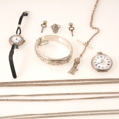 Lot 218 - Three Victorian white metal guard chains, bangle, fob watch,  albert watch chain