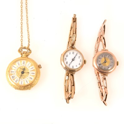 Lot 225 - Two vintage 9 carat gold lady's wrist watches, Elmas gold-plated pendant watch.