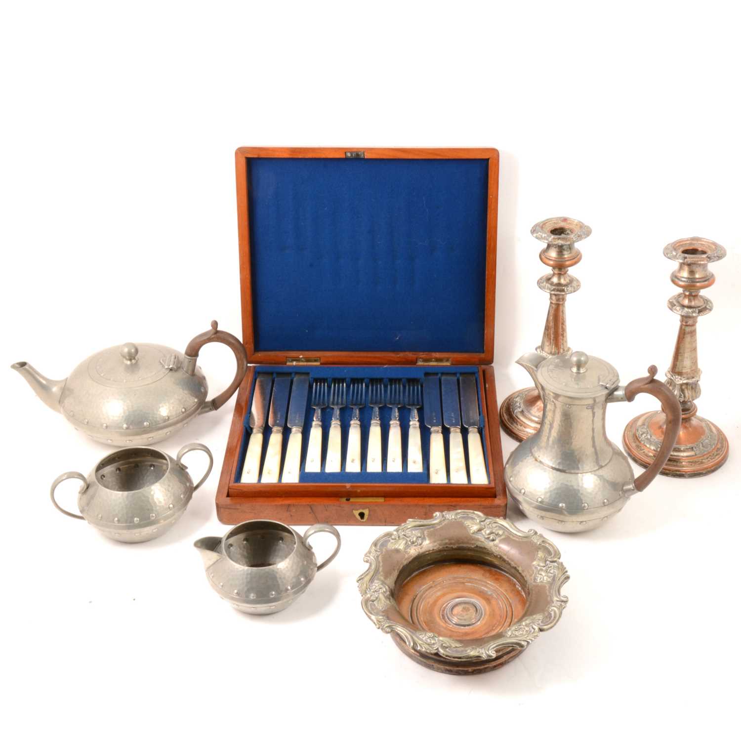 Lot 162 - Assorted metalware including pewter Arts and CRafts four-piece teaset, etc