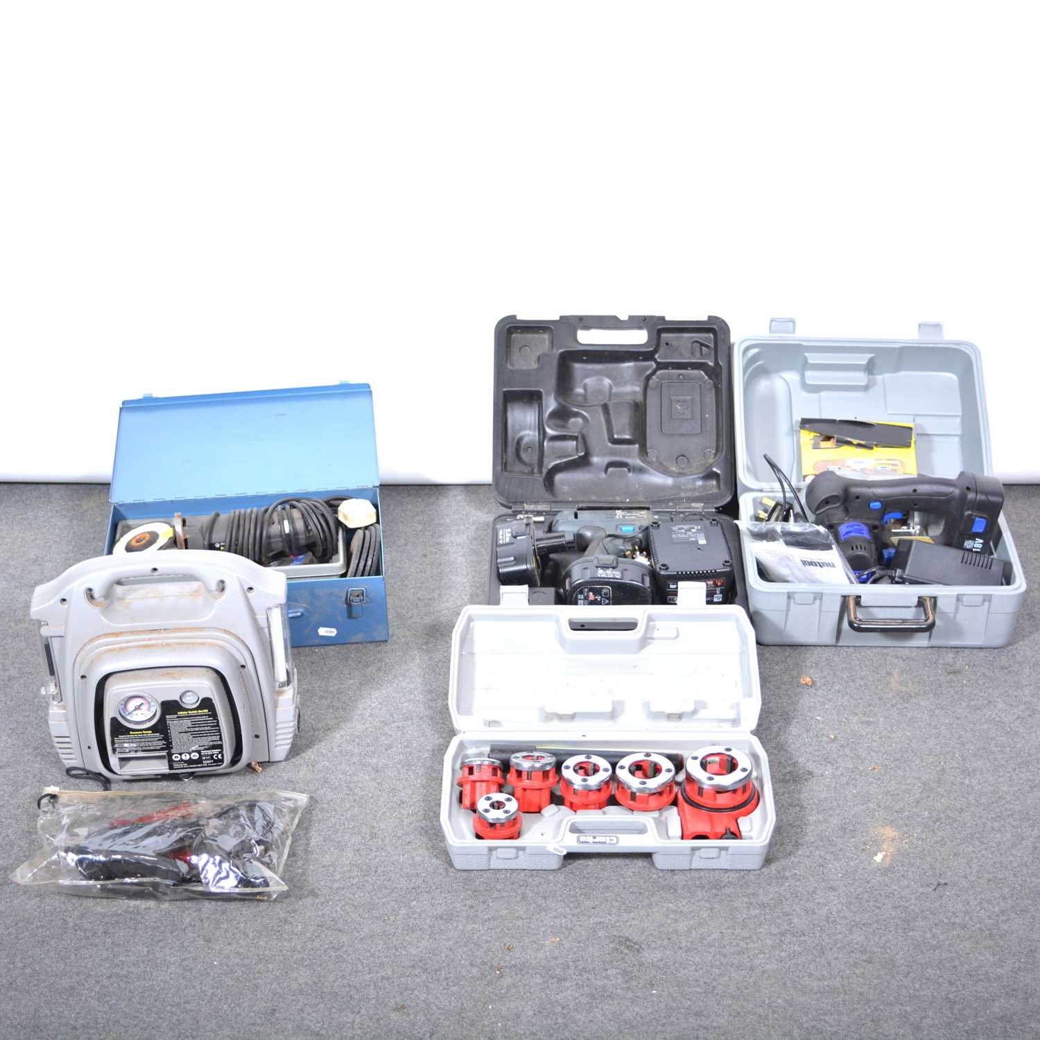 Lot 41 - A Elu cordless drill, Nutool cordless handsaw, Black and Decker small grinder and and a Clarke 6 die pipe threading set, Halfords power pack