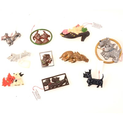 Lot 295 - Ten novelty vintage Scottie dog brooches, celluloid, paste, metal, 30mm to 70mm