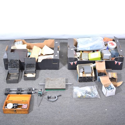 Lot 39 - Two boxes of screws, bolts, drill, gauges, etc.