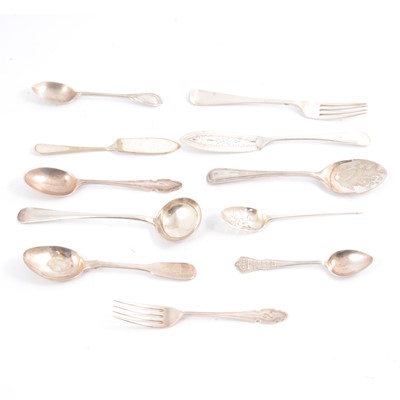 Lot 215 - Silver and silver-plated spoons, fork, butter knives and small ladle.