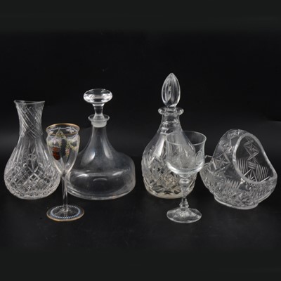 Lot 7 - Cut glass decanters, Frank Thrower tankard, and other glasswares.