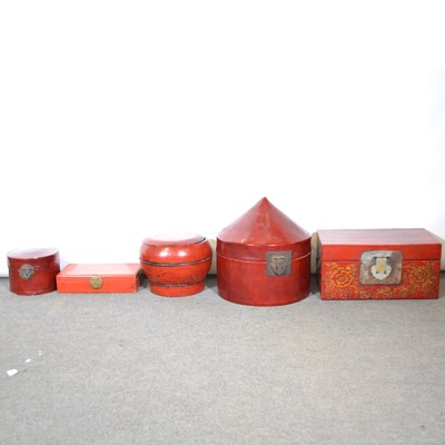 Lot 192 - Five red lacquered Chinese boxes/ trunks