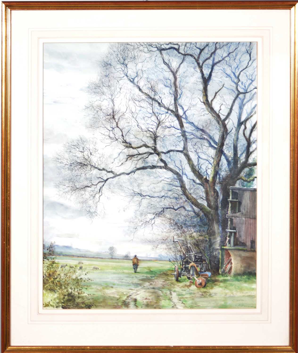 Lot 322 - Cecil J Thornton, Figure by a barn