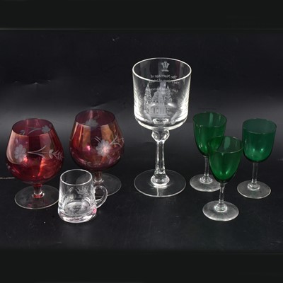 Lot 31 - Antique green wine glasses, pink brandy balloons and other glasswares.