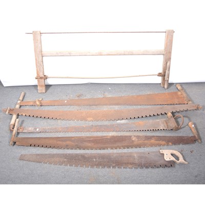 Lot 613 - Collection of cross cut saws and steelyard