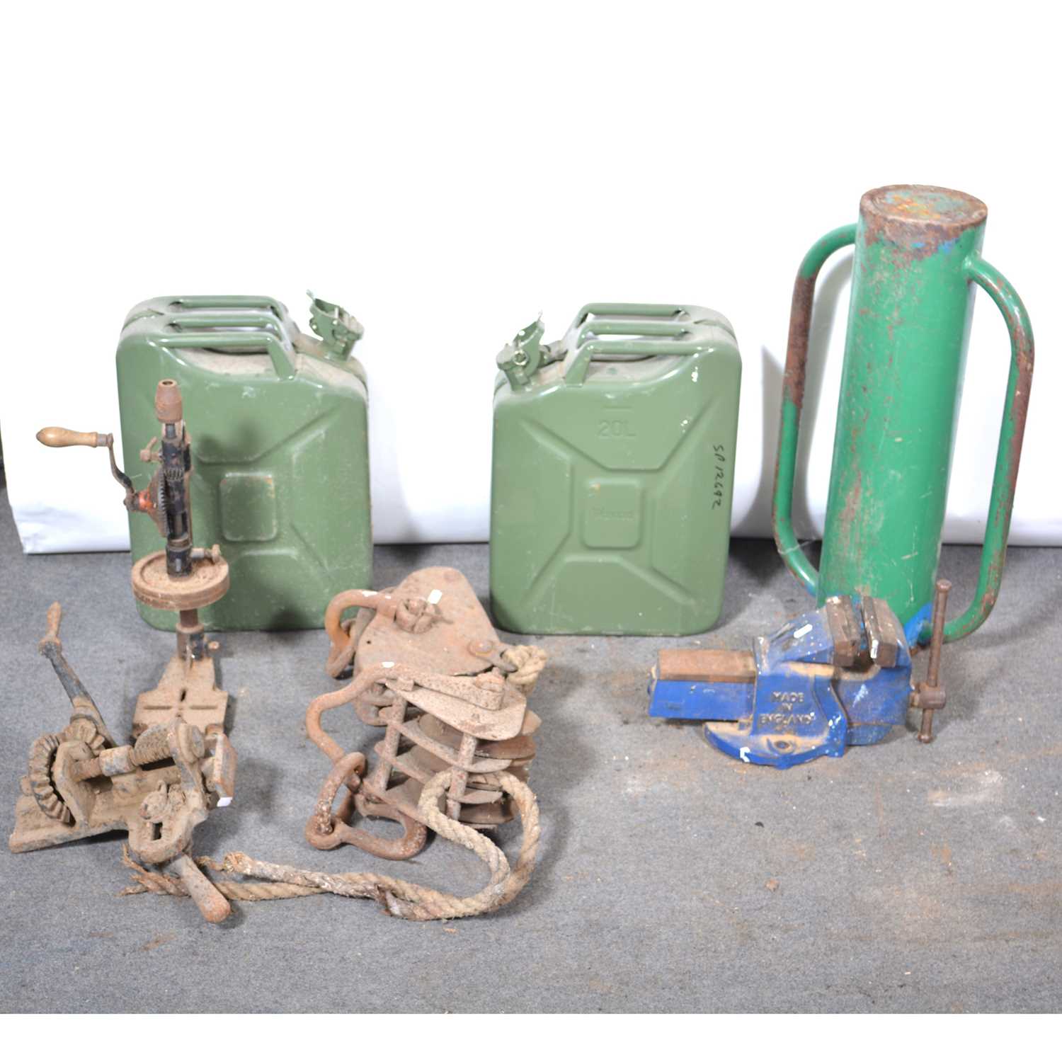 Lot 52 - Block pulleys, vice, jerry cans, etc.
