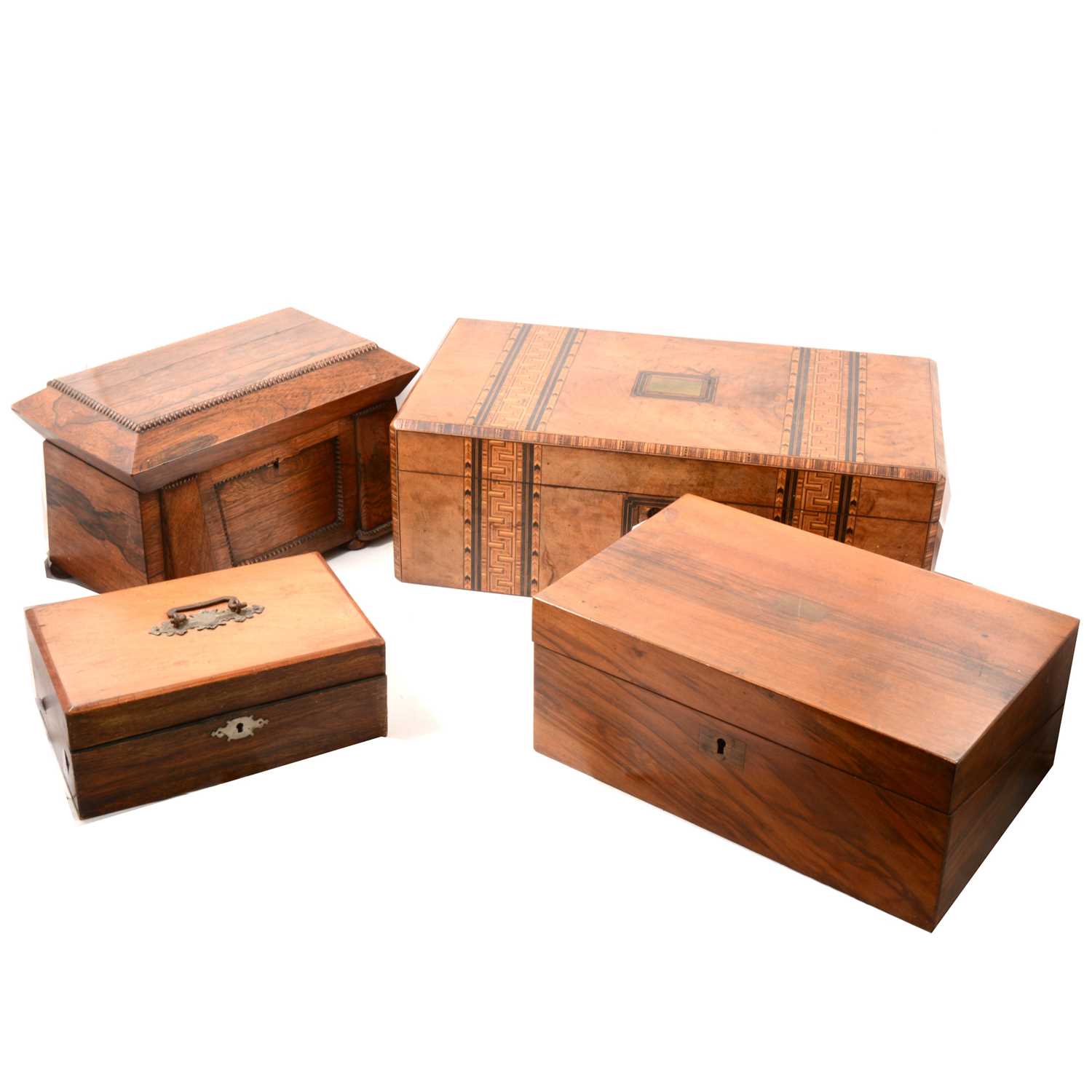 Lot 164 - Victorian walnut writing boxes, rosewood sarcophagus and other wooden boxes.