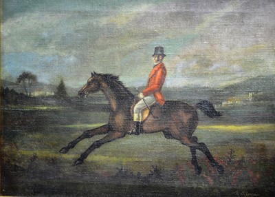 Lot 416 - R McLaurin(?), huntsman in a landscape, oil on canvas