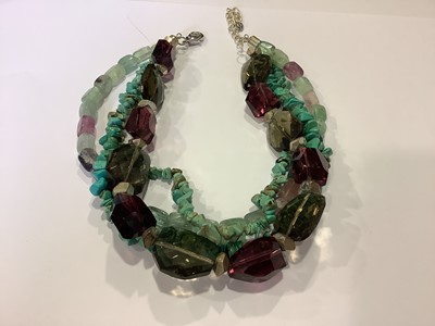 Lot 381 - Natural and simulated stone bead necklaces and bracelets, earrings, agates, turquoise, coral.