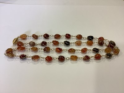 Lot 381 - Natural and simulated stone bead necklaces and bracelets, earrings, agates, turquoise, coral.