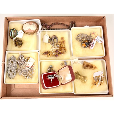 Lot 349 - Collection of costume jewellery in the antique style, brooches, earrings, ring.