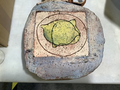 Lot 14 - Studio Pottery earthenware flask incised with lemons.