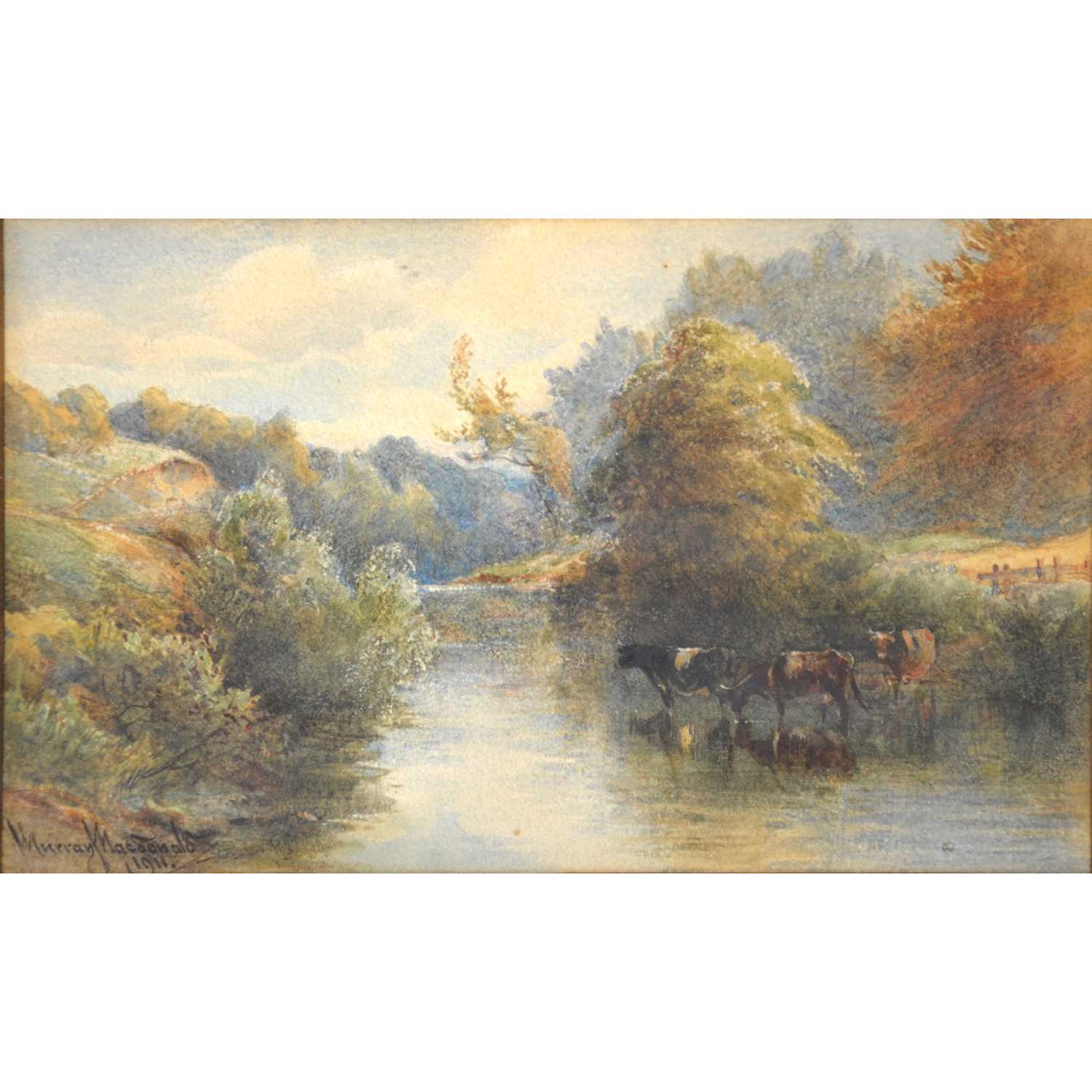 Lot 311 - Murray MacDonald - River landscape with cattle watering, 1911