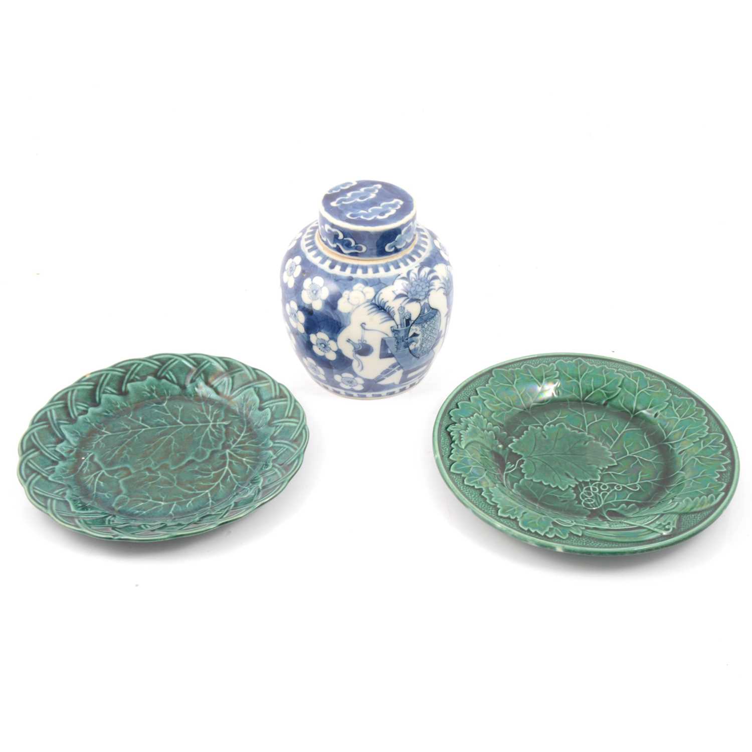 Lot 7 - Chinese ginger jar and Staffordshire green-glazed plates.