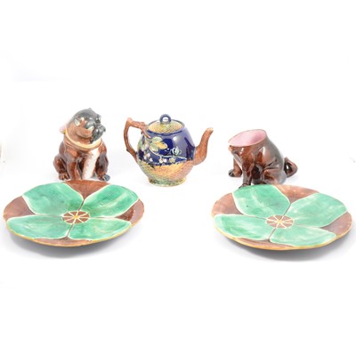 Lot 70 - Quantity of majolica ware, including novelty Pug dog jar and cover.