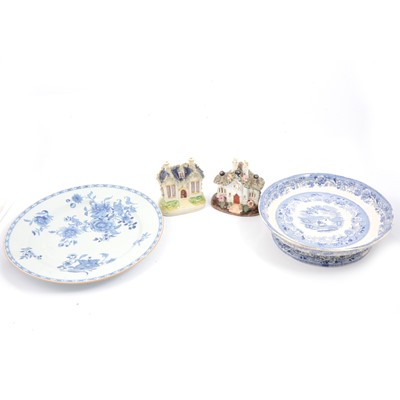 Lot 63 - Staffordshire cottage pastille burner, cottage, transfer ware comport and Chinese plate.
