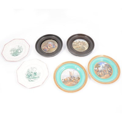 Lot 57 - Staffordshire pearlware nursery plates, Prattware lids, and other plates.