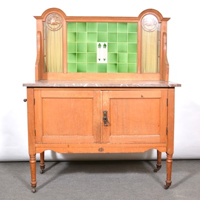 Lot 450 - Edwardian satin walnut washstand, Art Nouveau tiled back