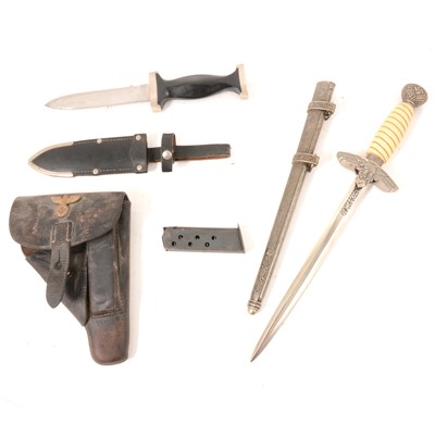 Lot 229 - German dagger by ERN Solingen, a German leather pistol holster and a replica dagger