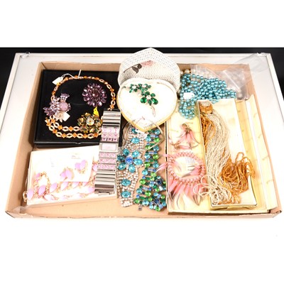 Lot 353 - Glitzy costume jewellery, American Pakula thermoset suite, Dominique, Storm watch.