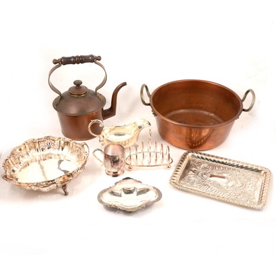 Lot 198 - Copper jam pan, silver napkin rings and other silver-plated and pewter wares.