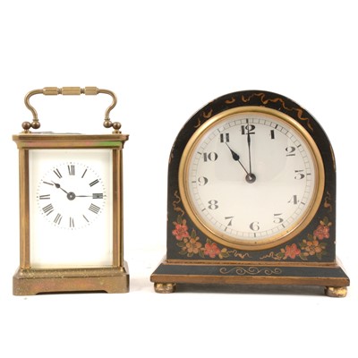 Lot 144 - Edwardian black japanned mantel clock and a brass carriage clock
