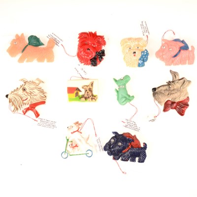 Lot 368 - Ten novelty celluloid and plastic Scottie and Terrier dog brooches, various colours.