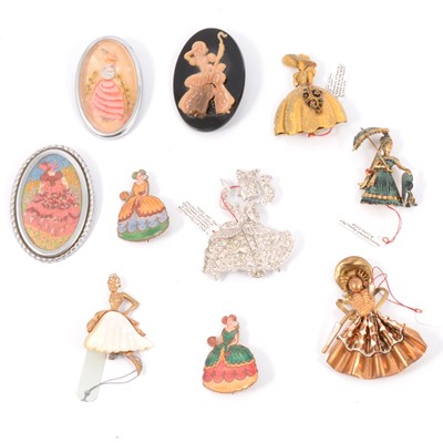 Lot 354 - Ten vintage crinoline lady brooches, paste, enamel