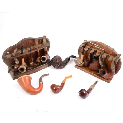 Lot 103A - Collection of pipes, many carved wood, pipe racks, tobacco and accessories.